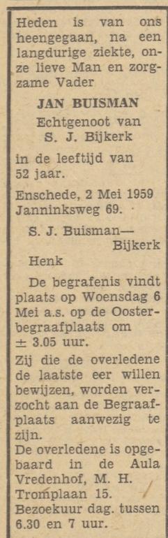 Janninksweg 69 Jan Buisman overlijdensadvertentie Tubantia 4-5-1959.jpg