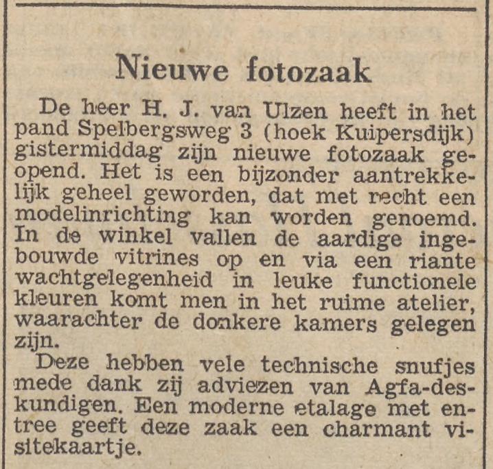 Spelbergsweg 3 hoek Kuipersdijk opening fotozaak H.J. van Ulzen krantenbericht Twentsche courant 31-10-1957.jpg