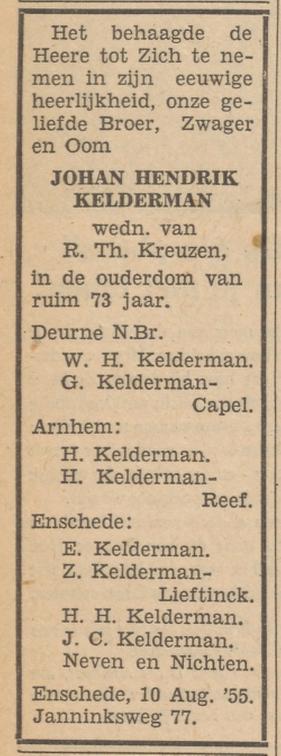 Janninksweg 77 J.H. Kelderman overlijdensadvertentie Tubantia 11-8-1955.jpg