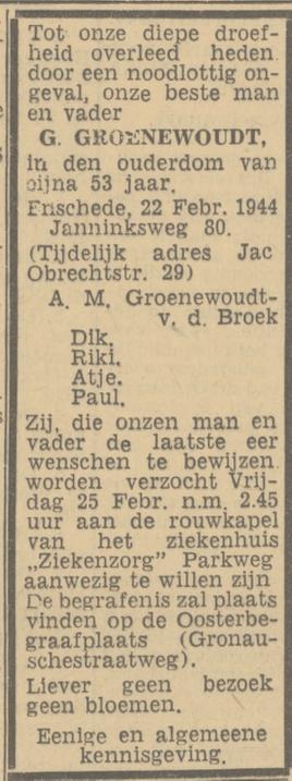 Janninksweg 80 G. Groenewoudt overlijdensadvertentie Twentsch nieuwsblad 24-2-1944.jpg