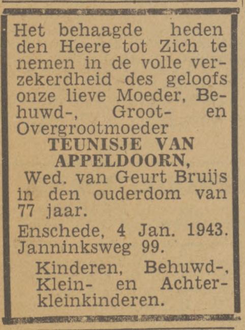 Janninksweg 99 Wed. T. Bruijs-van Appeldoorn overlidensadvertentie Twentsch nieuwsblad 5-1-1943.jpg