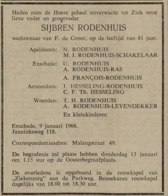 Janninksweg 118 S. Rodenhuis overlijdensadvertentie Gereformeerd gezinsblad 11-6-1966.jpg