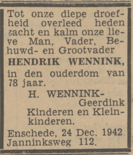 Janninksweg 112 Hendrik Wennink overlijdensadvertentie Twentsch nieuwsblad 24-12-1942.jpg
