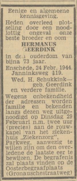 Janninksweg 119 H. Geerdink overlijdensadvertentie Twentsch nieuwsblad 28-2-1944.jpg