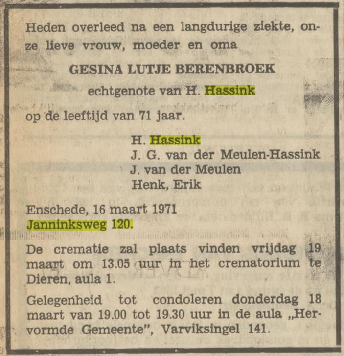 Janninksweg 120 G. Hassink-Lutje Berenbroek overlijdensadvertentie Tubantia 12-3-1971.jpg