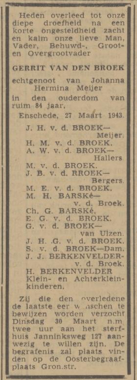 Janninksweg 127 G. van den Broek overlijdensadvertentie Twentsche courant 27-3-1943.jpg