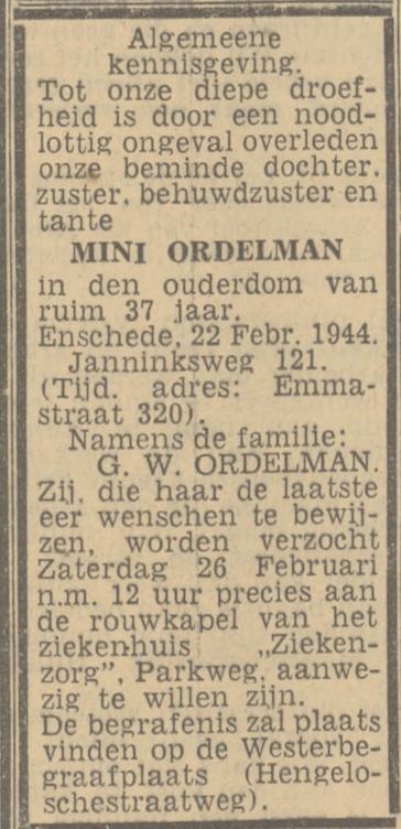 Janninksweg 121 Mini Ordelman overlijdensadvertentie Twentsche courant 25-2-1944.jpg