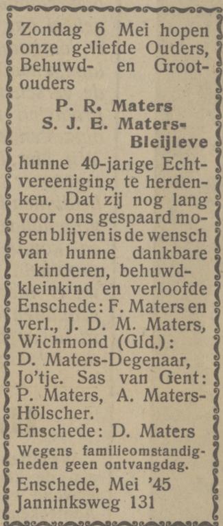 Janninksweg 131 P.R. Maters advertentie Het Parool 5-5-1945.jpg