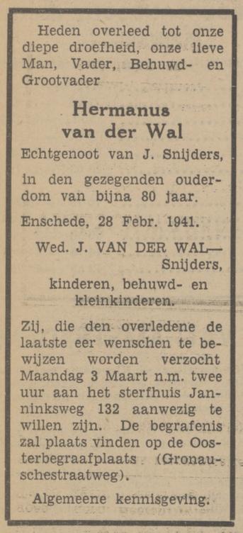 Janninksweg 132 H. van der Wal overlijdensadvertentie Tubantia 28-2-1941.jpg