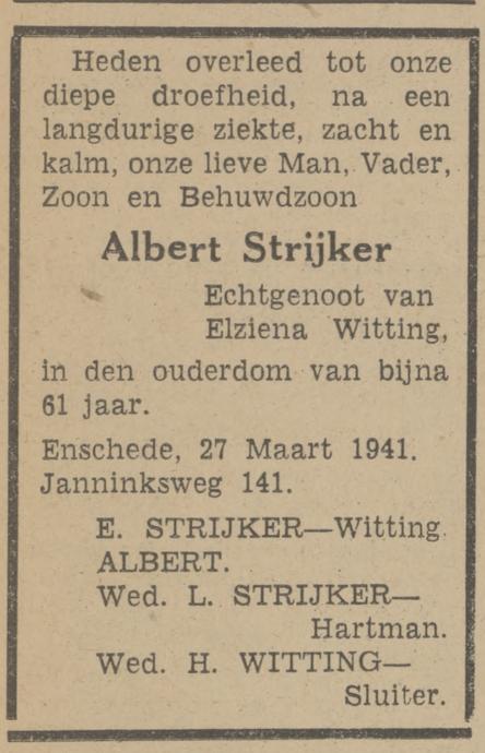 Janninksweg 141 Albert Strijker overlijdensadvertentie Tubantia 27-3-1941.jpg