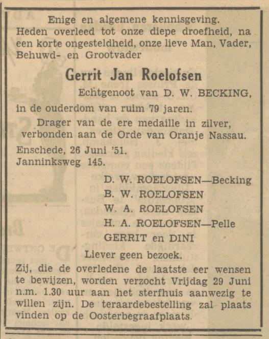 Janninksweg 145 G.J. Roelofsen overlijdensadvertentie Tubantia 27-6-1951.jpg