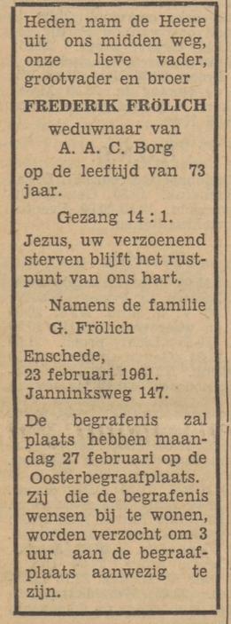 Janninksweg 147 F, Frölich overlijdensadvertentie Tubantia 24-2-1961.jpg