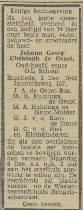 Janninksweg 157 J.G.C. de Groot overlijdensadvertentie Tubantia 3-12-1943.jpg