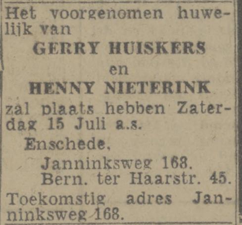 Janninksweg 168 Gerry Huiskers advertentie Twentsch nieuwsblad 29-6-1944.jpg