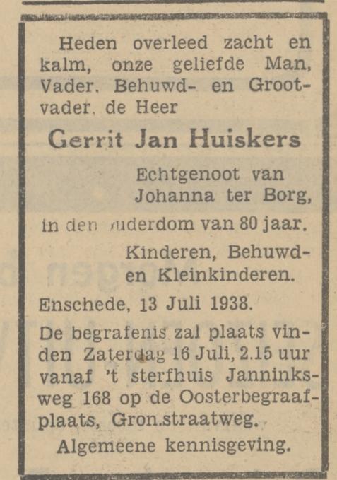 Janninksweg 168 G.J. Huiskers  overlijdensadvertentie Tubantia 14-7-1938.jpg