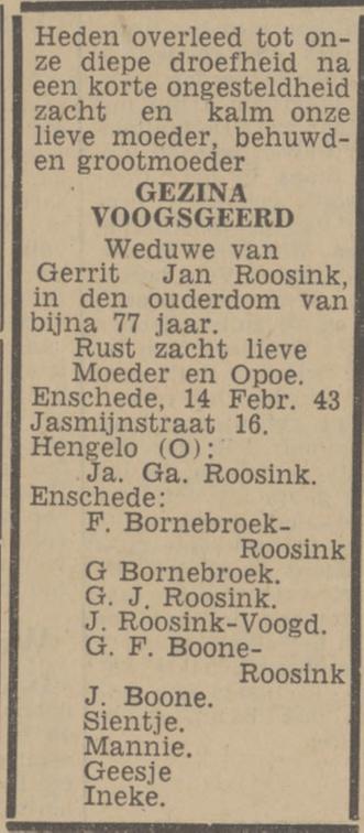 Jasmijn straat 16 Wed. G. Roosink-Voogsgeerd overlijdensadvertentie Twentsch nieuwsblad 15-2-1943.jpg