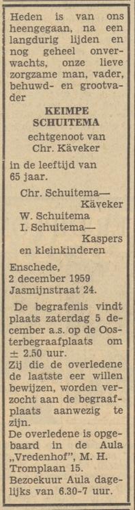 Jasmijnstraat 24 K. Schuitema overlijdensadvertentie Tubantia 3-12-1959.jpg