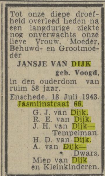 Jasmijnstraat 66 J. van Dijk-Voogd overlijdensadvertentie Twentsch nieuwsblad 20-7-1943.jpg