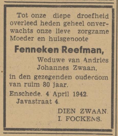 Javastraat 4 Wed. F. Zwaan-Reefman overlijdensadvertentie Tubantia 4-4-1942.jpg