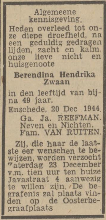 Javastraat 4 B.H. Zwaan overlijdensadvertentie Twentsch nieuwsblad 21-12-1944.jpg