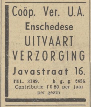 Javastraat 16 Coöp. Ver. U.A. Enschedese Uitvaartverzorging advertentie Tubantia 24-12-1938.jpg