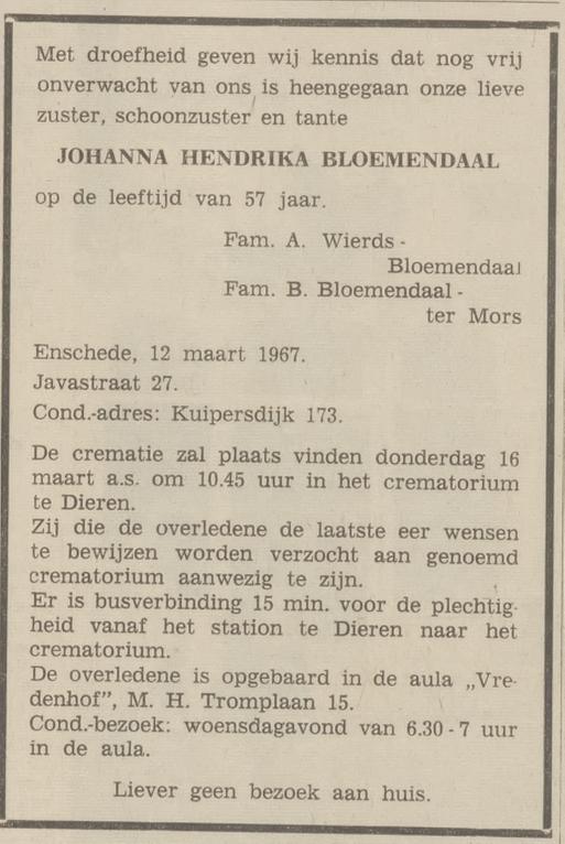 Javastraat 27 J.H. Bloemendaal overlijdensadvertentie Tubantia 13-3-1967.jpg