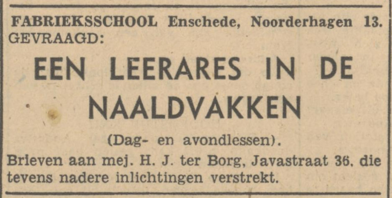 Javastraat 36 Mej. H.J. ter Borg  advertentie Tubantia 4-3-1947.jpg