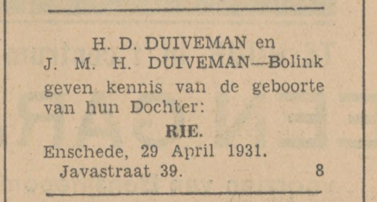 Javastraat 39 H.D. Duiveman advertentie Tubantia 30-4-1931.jpg