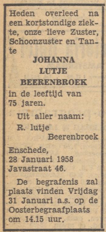 Javastraat 46 Johanna Lutje Beerenbroek overlijdensadvertentie Tubantia 29-1-1958.jpg
