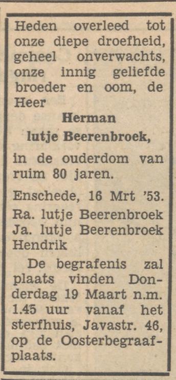 Javastraat 46 Herman Lutje Beerenbroek overlijdensadvertentie Tubantia 17-3-1953.jpg