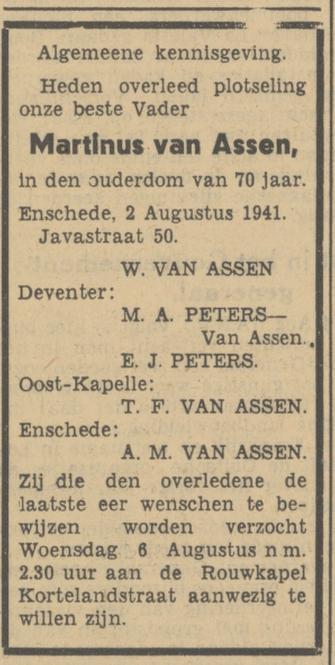Javastraat 50 M. van Assen advertentie Tubantia 4-8-1941.jpg