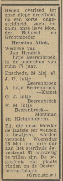 Javastraat 67 Wed. H. Lutje Beerenbroek-Afink overlijdensadvertentie Tubantia 27-5-1947.jpg