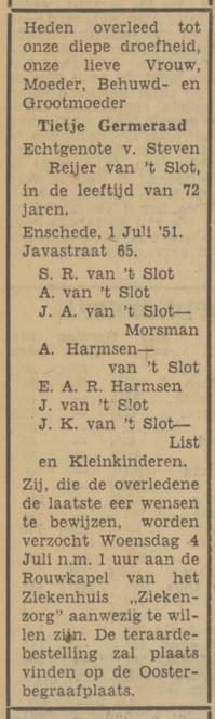Javastraat 65 T. van 't Slot-Germeraad overlijdensadvertentie Tubantia 2-7-1951.jpg