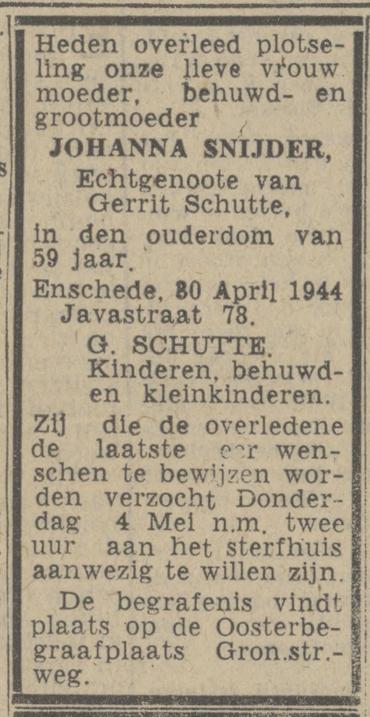 Javastraat 78 J. Schutte-Snijder overlijdensadvertentie Tubantia 2-5-1944.jpg