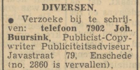 Javastraat 79 Joh. Buursink publicist advertentie Tubantia 22-7-1950.jpg
