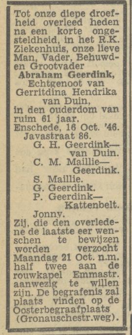 Javastraat 86 A. Geerdink overlijdensadvertentie Tubantia 18-10-1946.jpg