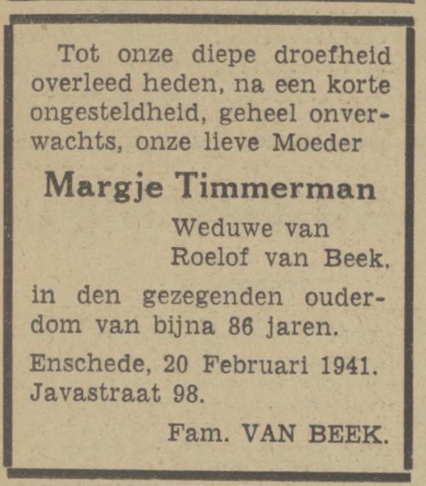 Javastraat 98 Wed. M· van Beek-Timmerman overlijdensadvertentie Tubantia 21-2-1941.jpg