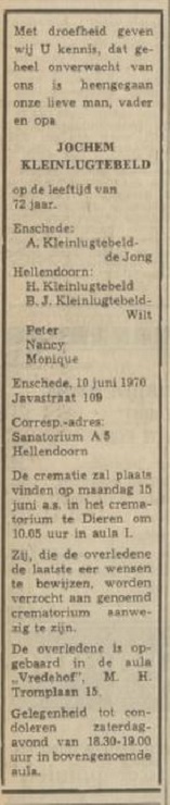 Javastraat 109 J. Kleinlugtebeld overlijdensadvertentie Tubantia 8-6-1970.jpg