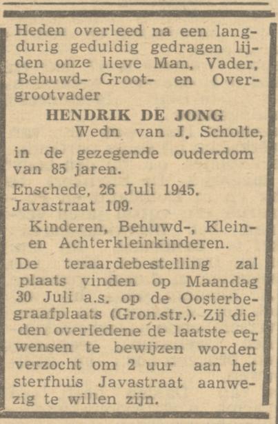 Javastraat 109 Hendrik de Jong overlijdensadvertentie De Waarheid 28-7-1945.jpg