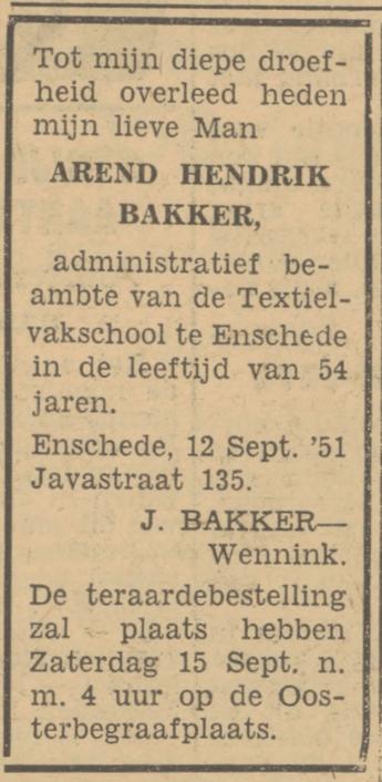 Javastraat 135 A.H. Bakker overlijdensadvertentie Tubantia 13-9-1951.jpg