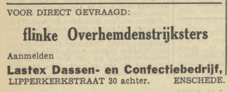 Lipperkerkstraat 30 achter Lastex Dassen- en Confectiebedrijf advertentie Tubantia 12-5-1950.jpg