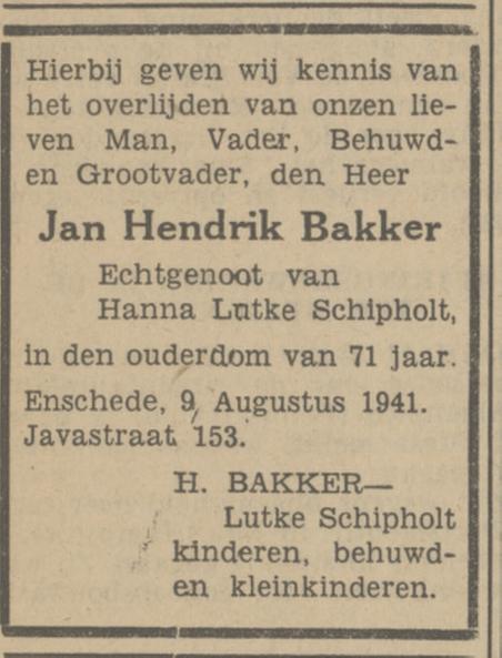 Javastraat 153 J.H. Bakker overlijdensadvertentie Tubantia 11-8+-1941.jpg