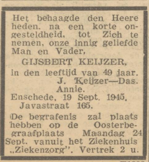 Javastraat 165 Gijsbert Keijzer overlijdensadvertentie Trouw 22-9-1945.jpg