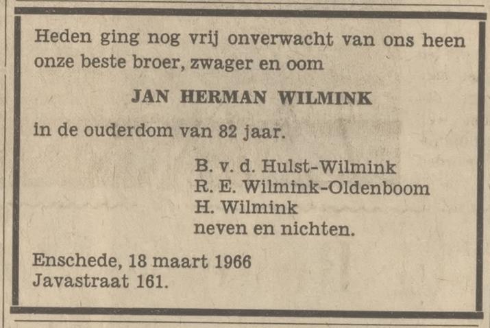 Javastraat 161 J.H. Wilmink overlijdensadvertentie Tubantia 19-3-1966.jpg