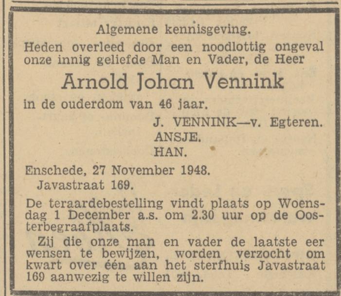 Javastraat 169 A.J. Vennink overlijdensadvertentie Tubantia 29-11-1948.jpg