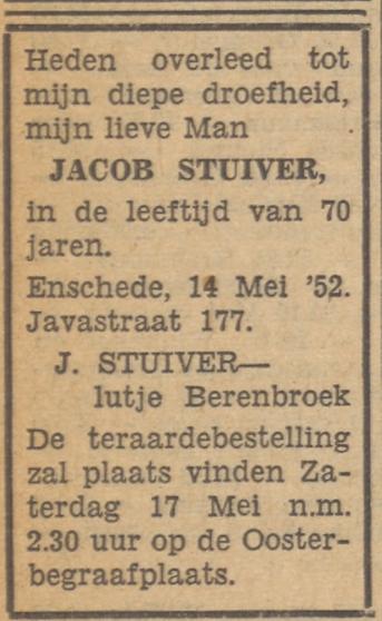 Javastraat 177 Jacob Stuiver overlijdensadvertentie Tubantia 15-5-1952.jpg