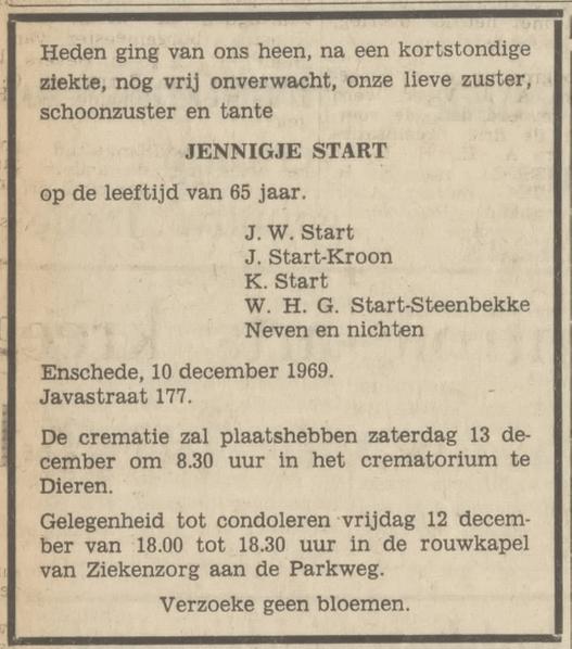 Javastraat 177 Jennigje Start overlijdensadvertentie Tubantia 11-2-1969.jpg