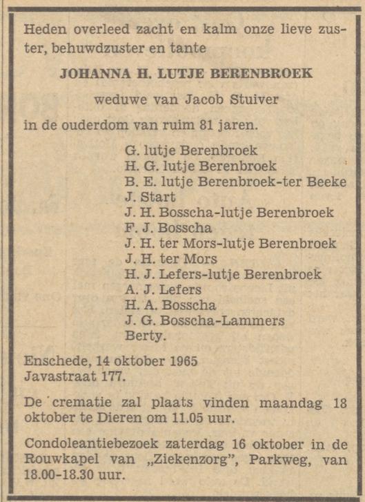 Javastraat 177 J.H. Lutje Berenbroek overlijdensadvertentie Tubantia 15-10-1965.jpg