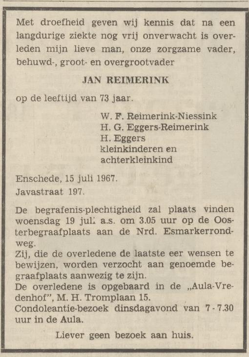 Javastraat 197 Jan Reimerink overlijdensadvertentie Tubantia 17-7-1967.jpg