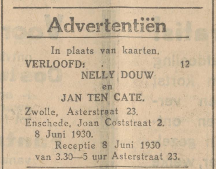 Joan Coststraat 2 Jan ten Cate advertentie Tubantia 5-6-1930.jpg